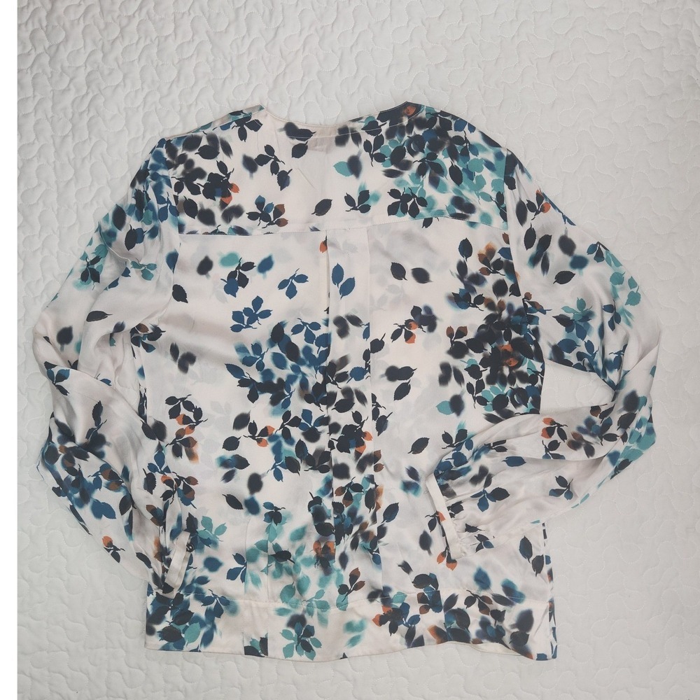 NEW 100% Silk Cream Artsy Blouse 12/Bust 38 Teal Black Long Sleeve Abstract Top - Picture 2 of 8